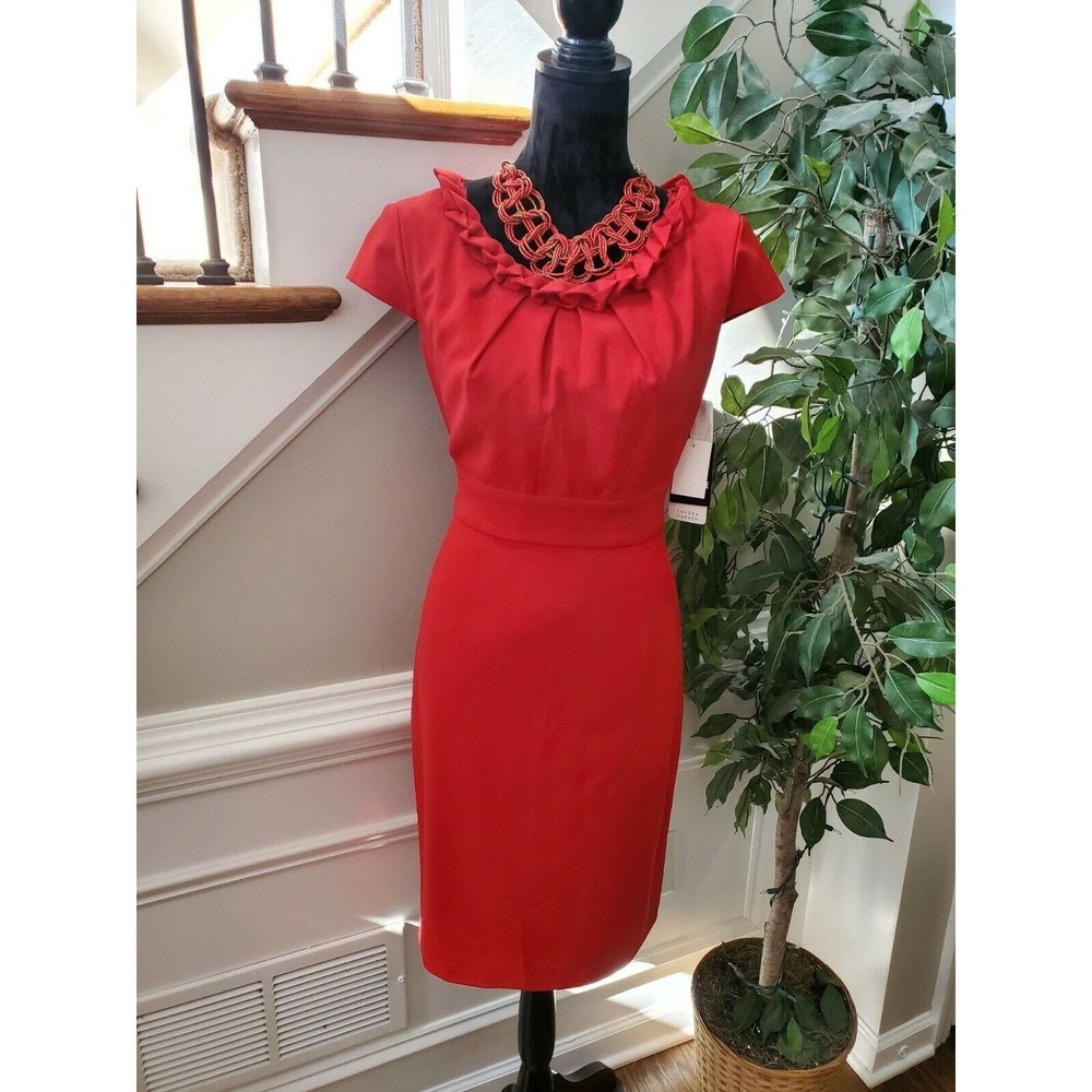 Sandra Darren Women Red Cotton Round Neck Short Sleeve Knee Length Dress Size 8